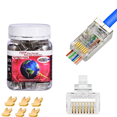 RJ45 Shielded Cat5 CAT6 Connector 8P8C End Pass Through Plugs Gold Plated (50 Packs)