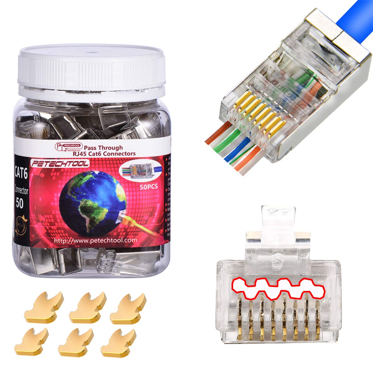 RJ45 Cat6 Connector Pass Through Cat6 Cat6a Ends Gold Plated 8P8C Ethernet Shield Modular Plugs for 23Awg/24AwgCable （50Packs）
