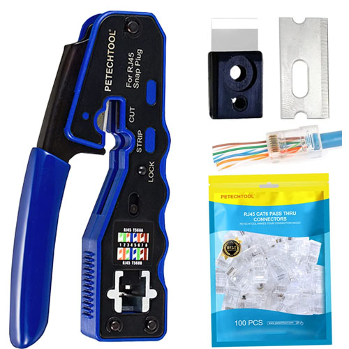 PETECHTOOL RJ45 Crimp Tool All-in-one Crimping Tool Ethernet Cable Crimper Stripper Cutter for Pass Thrugh Connectors with 100PCS Cat6 Connectors and 1 Set of Blades…