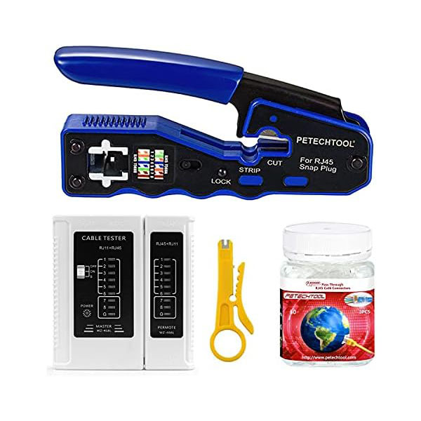 PETECHTOOL RJ45 Crimp Tool All-in-one Crimping tool Ethernet Wire Crimper Stripper Cutter for Cat5e Cat6 Cat6a Pass Through Connectors with 50pcs Cat6 Connectors and 1Pc cable tester and stripper