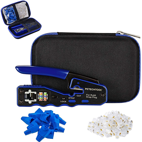 RJ45 Crimp Tool for Cat6 Cat5e Cat5 Pass Through Connectors,All-in-one EZ Crimping Tool Wire Stripper Cutter with 20/20 Pieces Cat6 Connectors and Boots and 1 Piece Crimp Tool Case