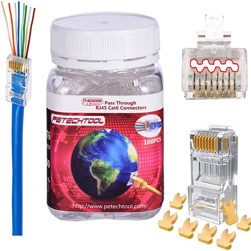 RJ45 23AWG Cat6a Cat6 Connector Gold Plated 8P8C Pass Through Ends UTP Network Plug for Unshielded Twisted Pair Solid Wire & Standard Cables | Transparent Passthrough Ethernet Insert （100Packs）