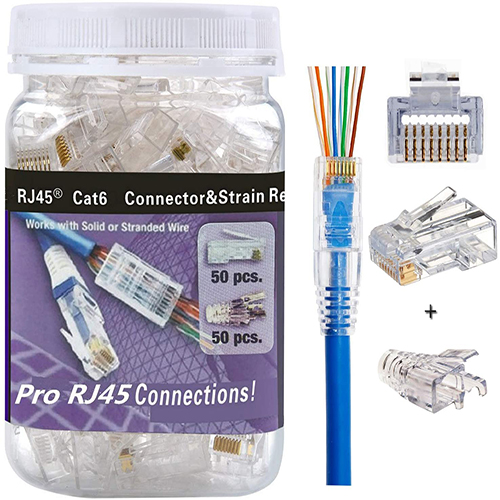 RJ45 CAT6 Pass Through Connectors Gold Plated 8P8C Plugs and Strain Relief (50xcat6plug+50xstrain Relief)