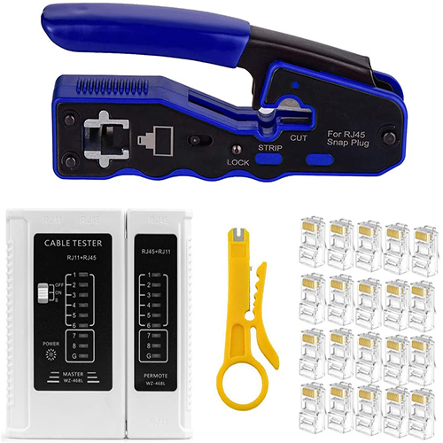 All-in-one RJ45 Crimper tool for Cat5 Cat6 Cat6a Pass Through Connectors, with 1 piece Cable Tester and 1 Pieces Mini Wire Stripper and 20 Pieces Cat6 Connectors