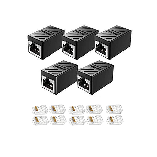 RJ45 Coupler, Ethernet Coupler, Ethernet Cable Extender Adapter for Cat7/Cat6/Cat5e, Female to Female (Black-5 Pack) with 10 Pieces Free RJ45 Connector