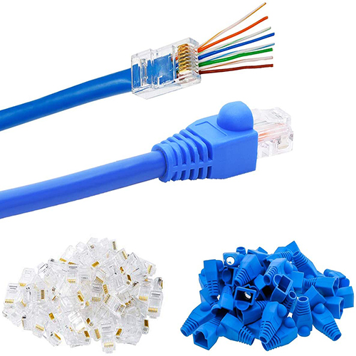 RJ45 Cat5 Cat5e Pass Through Connectors Gold Plated 8P8C Plugs and Blue Strain Relief Boots 50/50 Kit for Clean,Snag-Free Patch Cords(Total 100 Pieces)