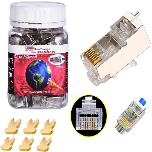 RJ45 Cat5 Cat6 Connector with Grounding Buckle Gold Plated 8P8C Pass Through Shield Plug 50PC