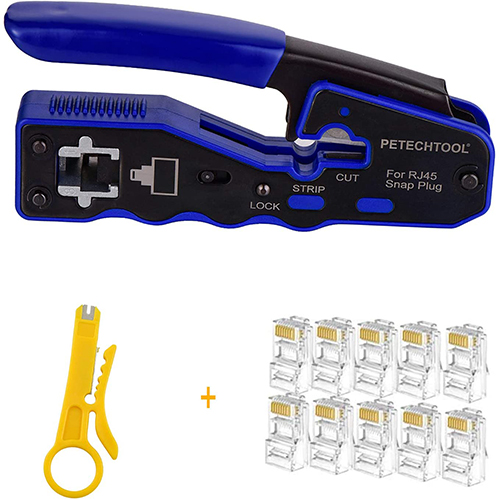 RJ45 Crimper Tool Kit, All-in-one Stripper Cutter Crimper Tool for RJ45 Cat6 Cat5 Cat5e Pass-Thru Connectors with 10 Pieces Cat6 Ends,and 1 Piece Mini Wire Stripper