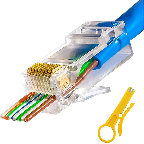 RJ45 Cat6 Cat5e Pass Through Connectors 100 Packs Gold Plated 3 Prong 8P8C Modular Ethernet UTP Network Cable Plug for Unshielded Twisted Pair Solid Wire & Standard Cables
