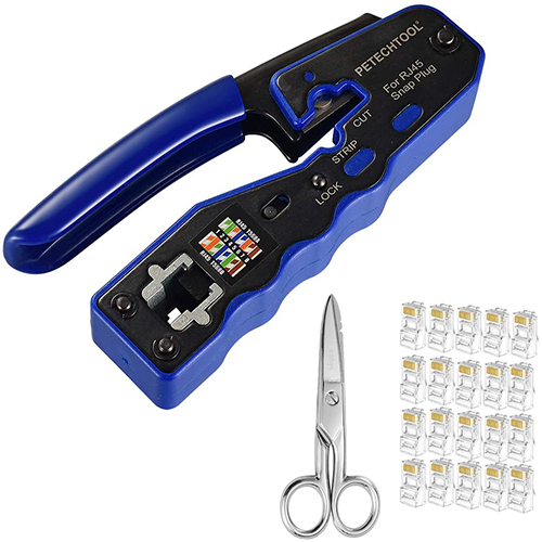 RJ45 Crimp Tool for Cat6 Cat5e Cat5 Pass Through Connectors,All-in-one EZ Crimping Tool Wire Stripper Cutter with 20 Packs Cat6 Connectors and 1 Pack Electrician Scissors for Cutting Ethernet Cable