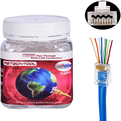 RJ45 23AWG Cat6a Cat6 Large Connector Gold Plated 8P8C Pass Through Plug UTP Network Ends for Unshielded Twisted Pair Solid Wire & Standard Cables | Transparent Passthrough Ethernet Insert（50Packs）