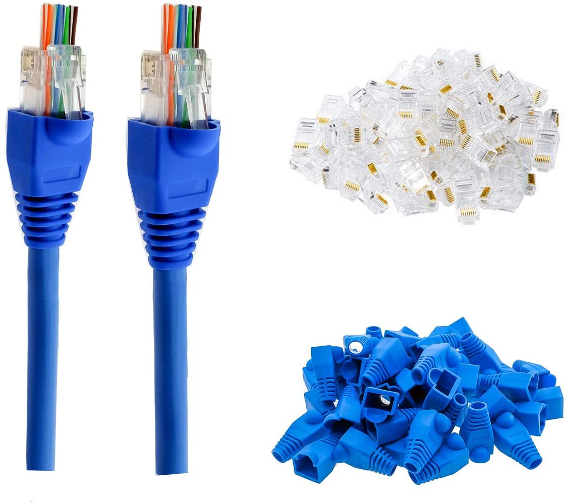 100/100 RJ45 Cat5 Cat5e Gold Plated Pass Through Connectors and Blue Cable Strain Relief Boots Kit for Clean,Snag-Free Patch Cords(Total 200 Pieces)